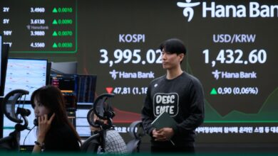 Global shares mostly fall as region watches for outcome from Trump’s visit