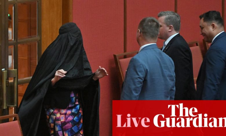 Australia politics live: Pauline Hanson ejected from Senate as ‘disgraceful’ burqa stunt condemned by senators from across political divide | Australia news
