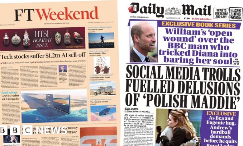 Newspaper headlines:’ ‘Tech stocks suffer’ and ‘Delusions of Polish Maddie’